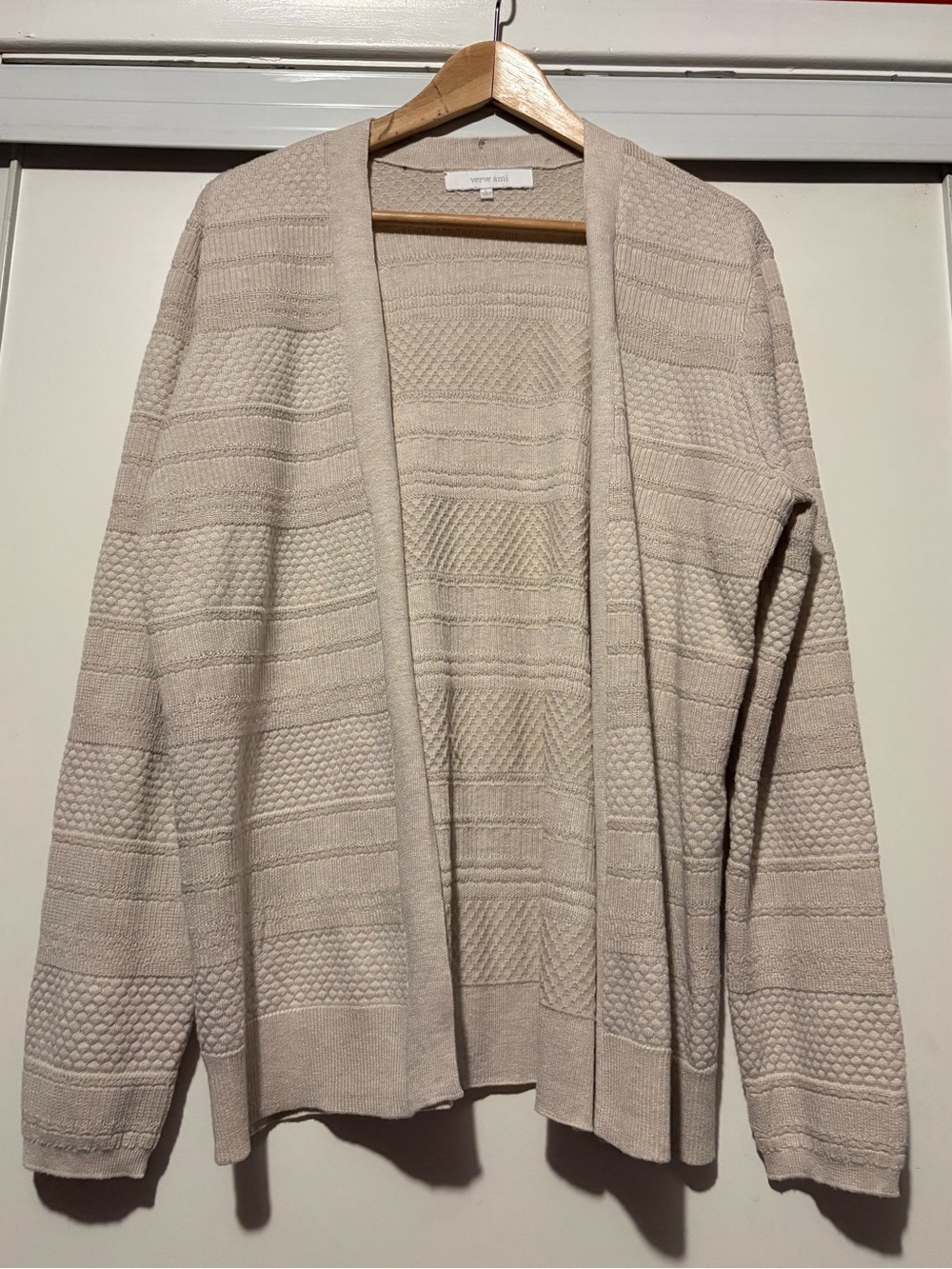 Verve Ami Open-Front Knit Cardigan in Light Beige